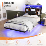 VINGLI Floating Bed Frame Twin Bed with Charging Station and LED Lights,Twin Metal Bed Frame,Cozy Hidden Storage Velvet Upholstered Headboard,No Box Spring Needed,Easy Assembly,Black VINGLI