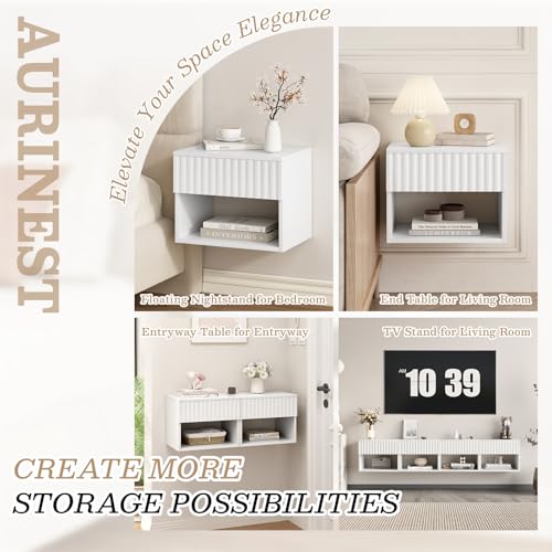 AURINEST Floating Nightstand Set of 2, Modern Wall Mounted Bedside Tables with Fluted Drawer, Night Stand Small End Table with Open Storage Shelf for Bedroom, Living Room, Small Spaces, White AURINEST