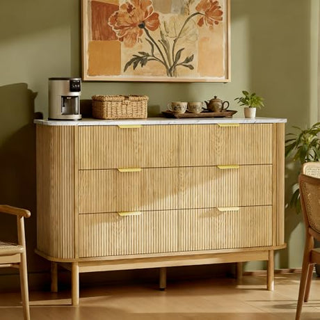 Pamapic Fluted Sideboard Buffet Cabinet, 47" Storage Cabinet with Curved Profile Design & Faux Marble Top, Modern Credenza with 6 Drawers, Wood Buffet Console Table for Living Room, Hallway, Natural Pamapic