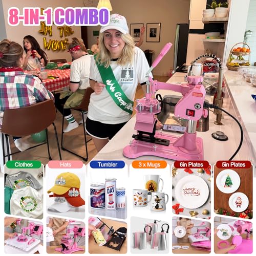 Whubefy 8 in 1 Heat Press Machine for T Shirts 12x15 Inch with Dual-Tube Fast & Evenly Heating System for Mug Plate Hat Cap 360° Swing Away Multifunctional Digital Heat Transfer Sublimation Combo Pink Whubefy