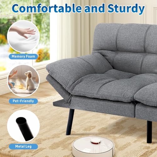 MUUEGM Futon Sofa Bed, 71" Convertible Linen Memory Foam Couch Bed, Modern Backrests Armrests Love Seat for Living Room,Apartment,Office,Light Grey Sleeper Couch MUUEGM