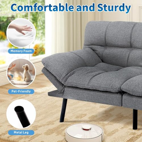 MUUEGM Futon Sofa Bed, 71" Convertible Linen Memory Foam Couch Bed, Modern Backrests Armrests Love Seat for Living Room,Apartment,Office,Light Grey Sleeper Couch MUUEGM