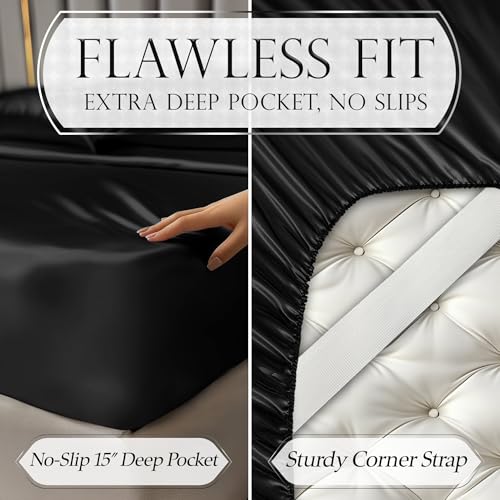 DECOLURE Satin Bed Sheets - 6 Piece Luxury Silky King Size Bedding Set - Softer Than Silk, Wrinkle-Free with 15” Deep Pocket Fitted Sheet, Perfect for Hair & Skin, Gifts for Women (Black) DECOLURE