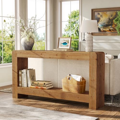 TRIBEWOOD Solid Wood Console Table with Storage, 63-Inch Farmhouse Entryway Table, 2-Tier Narrow Sofa Console Behind Couch, for Living Room, Hallway, Foyer, Rustic Brown TRIBEWOOD