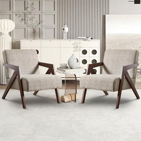 INZOY Accent Chairs Set of 2, Mid Century Modern Accent Chair with Wood Frame, Upholstered Reading Armchair with Soft Linen Fabric, Accent Chair for Living Room Bedroom Apartment, Easy Assembly, Brown INZOY