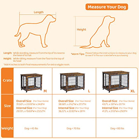 IchbinGo Dog Crate Furniture, Wooden Dog Crate Table, 43.7" Dog Kennel with 3 Doors, Flip-up Top Opening and Wheels, Decorative Pet Crate House for Large/Medium/Small Dog Indoor Use (Rustic Brown) IchbinGo