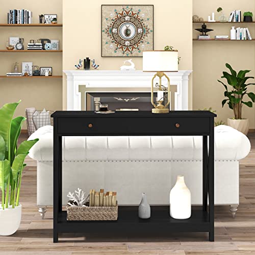 Treocho Black Console Table with Drawer and Storage Shelves, Foyer Sofa Table Narrow for Entryway, Living Room, Hallway - WoodArtSupply