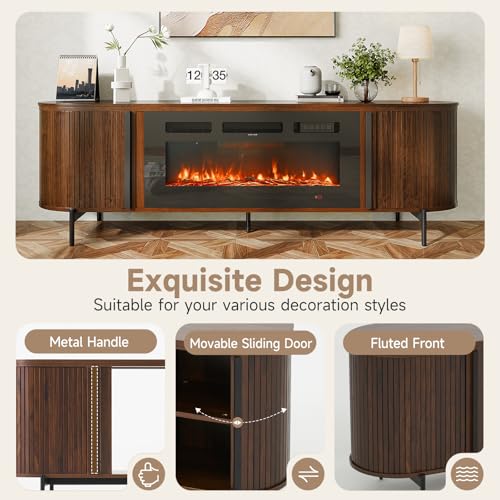 Nordivale Luxury 70" Fluted Fireplace TV Stand, Modern Chic Entertainment Center for TVs Up to 80", TV Console for Living Room, Media Cabinet with Storage,70 Inch, Brown Nordivale