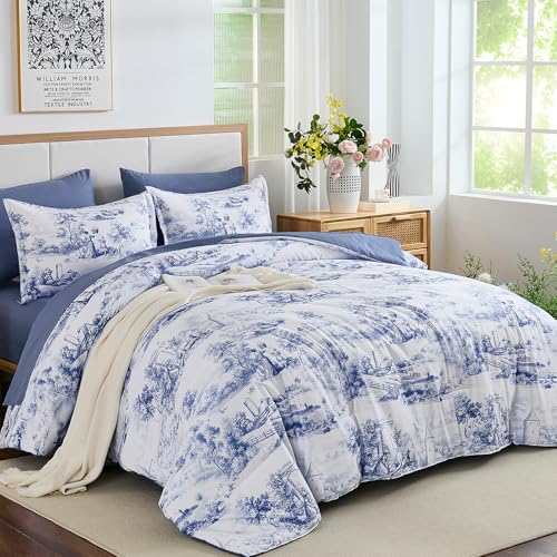WONGS BEDDING Blue Comforter Set King, 7 Pieces Bed in a Bag Farmhouse Comforter with Sheets, French Toile Bedding Set, Soft Lightweight Microfiber Botanical Print Complete Bed Set for All Season WONGS BEDDING