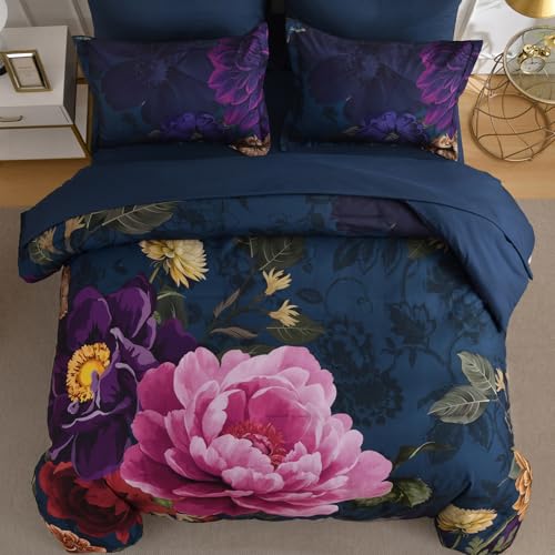 WONGS BEDDING Blue Comforter Set King Size, 7 Pieces Floral Bed in a Bag Set, Navy Blue and Pink Flower Bedding Set, Soft Microfiber for All Season with Pillowcases & Shams,Sheets(90"×104") WONGS BEDDING