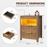 Dystler Fluted Night Stand with Gun Drawer, Wood Nightstand with Charging Station and Human Sensor, Modern Bedside Table with LED Light and Storage Shelf for Bedroom, Natural Dystler
