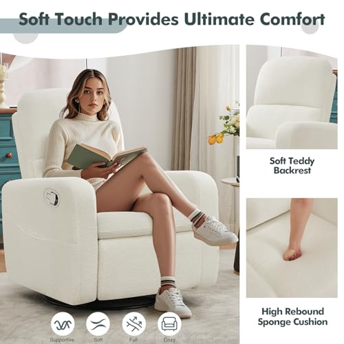 AEMEIOS Swivel Rocker Recliner, Oversized Boucle Glider Recliner Nursery, Manual Swivel Rocking Reclining Chairs with Removable Cushion and Lumbar Support for Nursery Living Room Bedroom, Teddy White