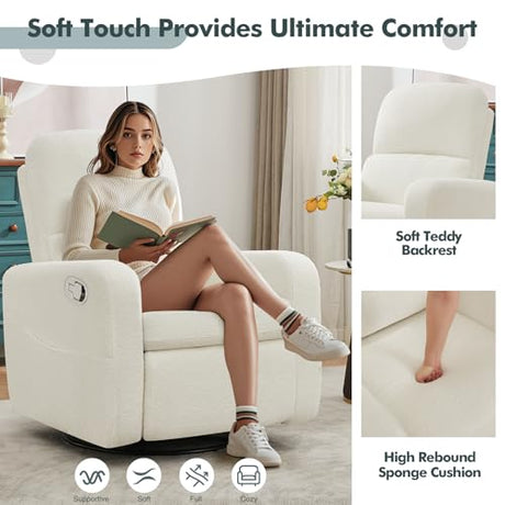 AEMEIOS Swivel Rocker Recliner, Oversized Boucle Glider Recliner Nursery, Manual Swivel Rocking Reclining Chairs with Removable Cushion and Lumbar Support for Nursery Living Room Bedroom, Teddy White AEMEIOS