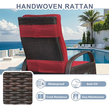 Skypatio Outdoor Patio Swivel Recliner Chair, Independently Adjustable Backrest and Footrest Patio Wicker Reclining Lounge Chair with Flip Side Table for Indoor, Balcony, Porch(Red) Skypatio