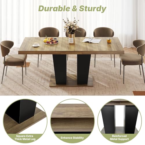 Zevemomo 63"-78.7" Expandable Dining Table, 6-10 Rectangle Table, Extendable Console Table, Wooden Farmhouse Kitchen Table with Metal Track & Dual Column Base for Living, Office-Brown Zevemomo