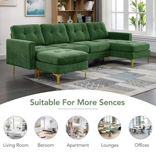 U-Shaped Reversible Modular Sectional Sofa Couch with Movable Ottoman and Chaise Sets, 5 Seater Velvet Upholstered Convertible Sofa Leisure Lounge w/ Nailhead Trim for Living Room Apartment Office