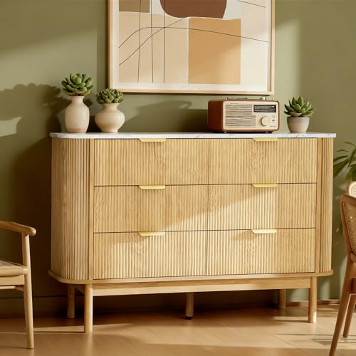 Pamapic Fluted Sideboard Buffet Cabinet, 47" Storage Cabinet with Curved Profile Design & Faux Marble Top, Modern Credenza with 6 Drawers, Wood Buffet Console Table for Living Room, Hallway, Natural Pamapic