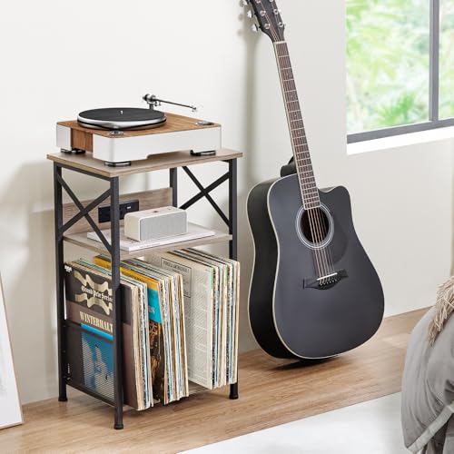 AMHANCIBLE Record Player Stand with Charging Station, Turntable Stand with Storage Cabinet, 3 Tier End Table Hold Up to 100 Albums, Record Stand for Vinyl, Living Room, Greige, HETCD01GY-1 AMHANCIBLE