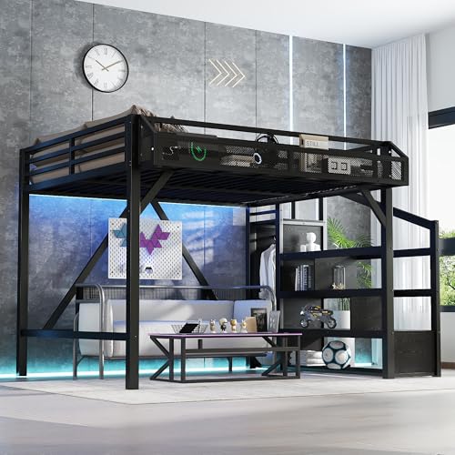 Bellemave Queen Loft Bed with Stairs and Wardrobe, Queen Size Loft Bed with Charging Station, Lights and Bedside Shelf, Heavy Duty Loft Bed Frame for Adults, Teens, Kids, Noise Free, Black Wood Bellemave