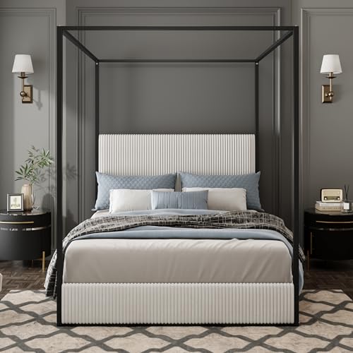 LUMISOL Queen Size Upholstered Canopy Bed, Metal 4 Poster Platform Bed with Tall Corduroy Headboard, Black Canopy Bed Frame with Headboard, No Box Spring Needed, White