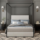 LUMISOL Queen Size Upholstered Canopy Bed, Metal 4 Poster Platform Bed with Tall Corduroy Headboard, Black Canopy Bed Frame with Headboard, No Box Spring Needed, White