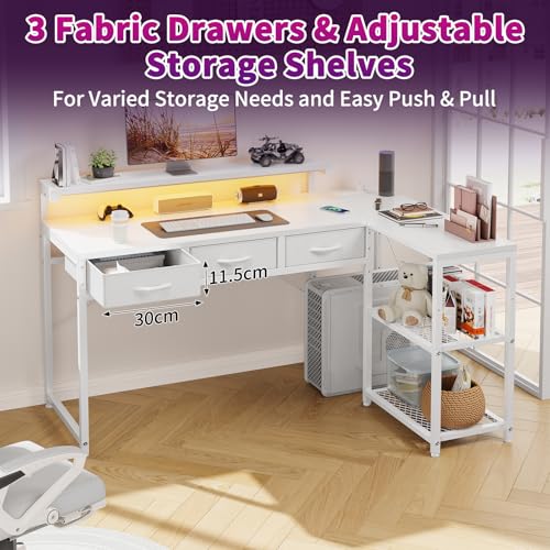 Grandder 50 Inch L Shaped Gaming Desk with 3 Drawers & Storage Shelves & Hutch, Computer Desk with USB Ports, Study Writing Table for Bedroom, Simple Modern Laptop Desk for Home Office, White Grandder