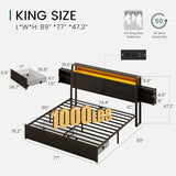 LARMACE King Size Bed Frame with Storage Drawers and Ergonomic Headboard,2-Tier Hidden Storage,Wooden Platform Bed Frame with Charging Station and LED Lights,No Box Spring Needed,Easy Assembly,Black LARMACE