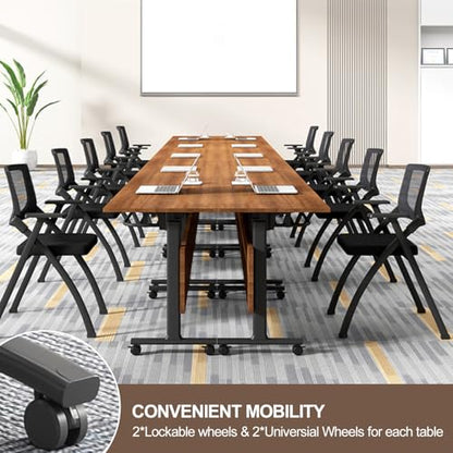 Conference Room Table, 14FT Large Folding Conference Table for 10-15 People, Training Tables with Caster Wheels, Business Style Wooden Meeting Table with Strong Metal Frame, Flip Top Table (6 - WoodArtSupply