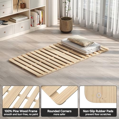 DoCred Solid Pine Wood Foldable Slatted Bed, Japanese Floor Bed Frame Moisture-Proof, Beds Plate for Japanese Floor Futon Mattress, Guest Tatami Mat, Floor Sleep Bedding,Twin DoCred