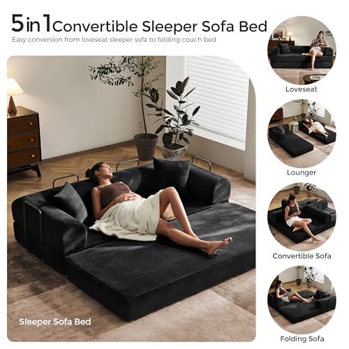 79" Convertible Sofa Bed with Fixed-Shape Frame & Removable Armrests, Modular Corduroy Sleeper Sofa, Folding Mattress Couch for Small Spaces - No Assembly Needed in Black (Includes 2 Pillows) SAVENICA