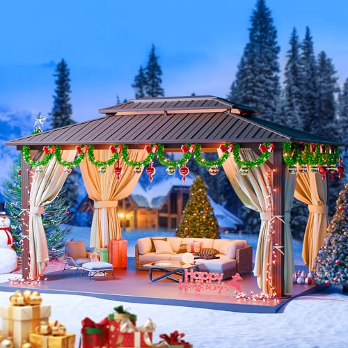 HOTEEL 10x12 Hardtop Gazebo with Heavy Duty Galvanized Steel Double Roof, Aluminum Frame, Flame-Resistant Curtains and Netting, Outdoor Gazebo Permanent Gazebo for Backyard, Brown (Upgraded 2.0) Hoteel