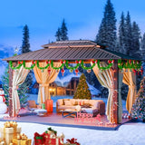 HOTEEL 10x12 Hardtop Gazebo with Heavy Duty Galvanized Steel Double Roof, Aluminum Frame, Flame-Resistant Curtains and Netting, Outdoor Gazebo Permanent Gazebo for Backyard, Brown (Upgraded 2.0) Hoteel