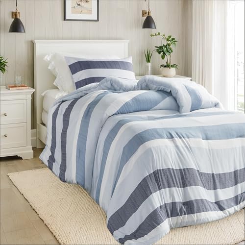 Regency Heights Twin Size Comforter Set 2 Pieces, Navy Blue Modern Striped Bedding Set for All Season, Soft, Lightweight, Reversible Bed Set with Comforter & Sham Regency Heights