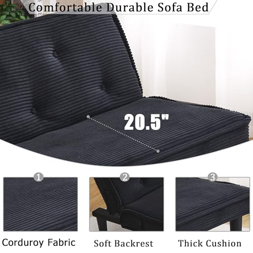 ODOLAR 66” Armless Corduroy Sofa Bed, 2-in-1 Convertible Sleeper Sofa with Tufted Back, Soft Skin-Friendly Fabric Small Futon for Apartments, Living Room, Bedroom (Black) ODOLAR