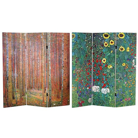Red Lantern Double Sided Works of Klimt Room Divider - Tannenwald/Farm Garden, 4 Foot - 3 Panel Red Lantern