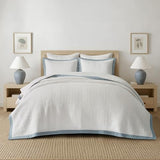 EVERGRACE Cotton Border Frame Tack-Stitch Quilt Bedding Set King Size, Coastal Oversized 3 Pieces Lightweight Bedspread Coverlet for All Season, with 2 Matching Shams, Blue Linen EVERGRACEHOME
