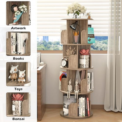 GOOFCXO 4-Tier 360° Rotating Bookshelf - Oak Floor-Standing Storage Rack for Home & Office - WoodArtSupply