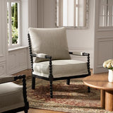 Morden Fort Linen Fabric Spindle Accent Chair with Wood Frame, French Style Accent Chairs with Padded Spring Seat and Armrest Pads, Brushed Base for Living Room Bedroom Farmhouse Office Balcony Morden Fort
