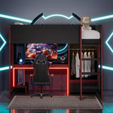 Bekeknlny Wood Gaming Bed with Built-in Desk,Wardrobe, LED and a Drawer, Twin Size Loft Bed for Kids Bedroom,No Box Spring Required Bekeknlny