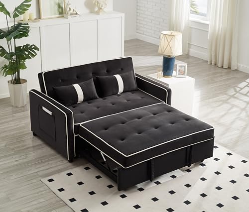 STBIGSLEP 3 in 1 Convertible Sleeper Sofa Bed, Small Couch for Living Room Bedroom with Pullout Bed Adjustable Backrest,Velvet,Loveseat Sofa Bed,Futon Couches (Black) STBIGSLEP