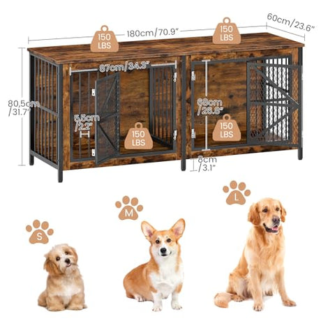 CHOEZON 71" Double Dog Crate Furniture for 2 Dogs, Wooden Dog Crate End Table, Dog Cage for Medium/Large Dogs, Heavy-Duty Dog Kennel Furniture with Framed Metal Doors, Rustic Brown and Black TGW02BF CHOEZON