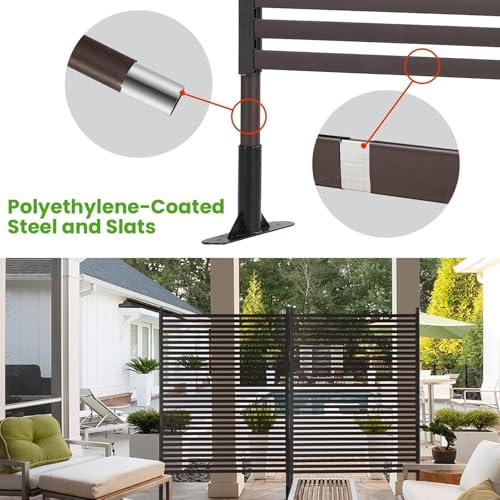 Metal Outdoor Privacy Screen with Stand, 3 ft W x 6 ft H PE-Coating Steel Pipes and Slats Panels, Decoative Privacy Screen Fence Panels Freestanding for Outside Patio Garden Backyard, Brown OTOSUNNY