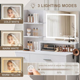ProsperHaven Vanity Desk with LED Mirror and Lights, Makeup Vanity Table with Power Outlet, Drawers, Cabinet, Dressing Table with Open Storage Shelves for Bedroom, Dressing Room, White ProsperHaven