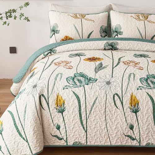 WONGS BEDDING Floral Quilt Set Queen,Green Yellow Floral Botanical Bedspread Bedding Set with 2 Pillowcase,Lightweight Summer Farmhouse Coverlet Set for All Season (96"x90") WONGS BEDDING