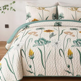 WONGS BEDDING Floral Quilt Set Queen,Green Yellow Floral Botanical Bedspread Bedding Set with 2 Pillowcase,Lightweight Summer Farmhouse Coverlet Set for All Season (96"x90") WONGS BEDDING