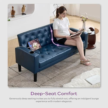 TYBOATLE 62" W Leather Loveseat w/ 2 USB and 2 Cupholders, Mid-Century Modern Tufted Small Love Seat Couches for Office, Living Room, Bedroom, Dorm (1, Blue) TYBOATLE