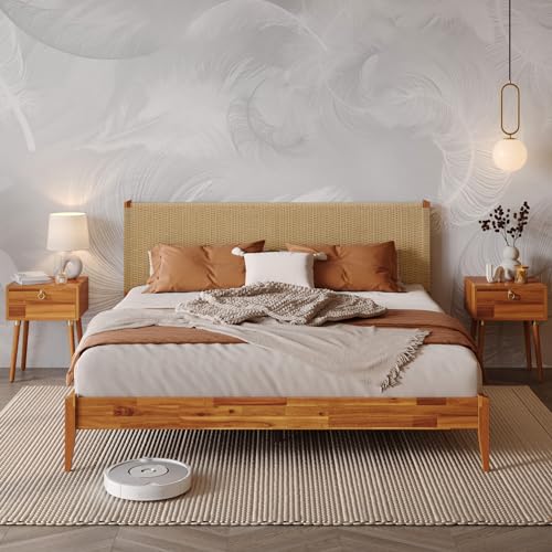 Bme Selina King Size Wood Platform Bed Frame with Handcrafted Paper Cord Headboard - No Box Spring Needed Bme