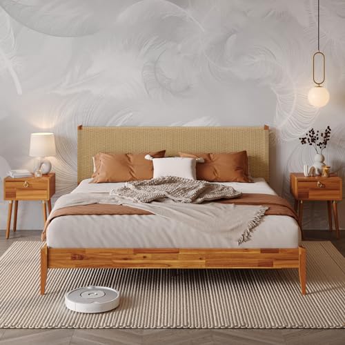 Bme Selina Wood Platform Bed Frame - Handcrafted Paper Cord Unique Headboard - No Box Spring Needed - 12 Strong Wood Slats Support - Easy Assembly - King, Caramel