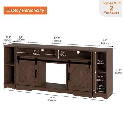 WAMPAT Farmhouse 85 in TV Stand, Entertainment Center with Sliding Barn Doors and 2 Open Storage Shelves for Living Room,Rustic Brown