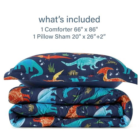 PPOLCA Twin Dinosaur Kids Bedding Set for Boys, 2 Pieces Twin Dinosaur Kids Comforter Sets for Boys, Super Soft Lightweight for All Seasons, Includes 1 Comforter (66"x86") and 1 Pillowcase(20"x26"+2") PPOLCA
